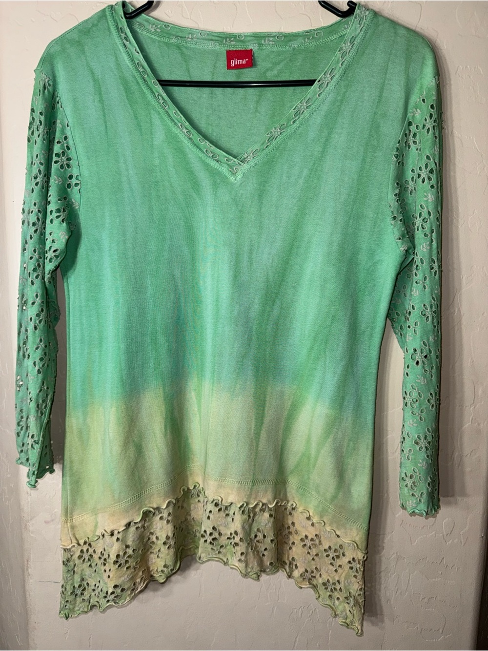 Glima Mint Eyelet Lace Trim V-Neck Tunic Top Size L 3/4 Sleeve Boho Cottage